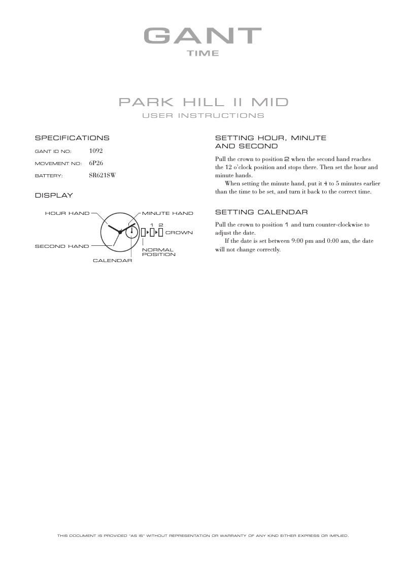 Page n°1 - Manuel utilisateur Gant Park Hill II Mid 1092