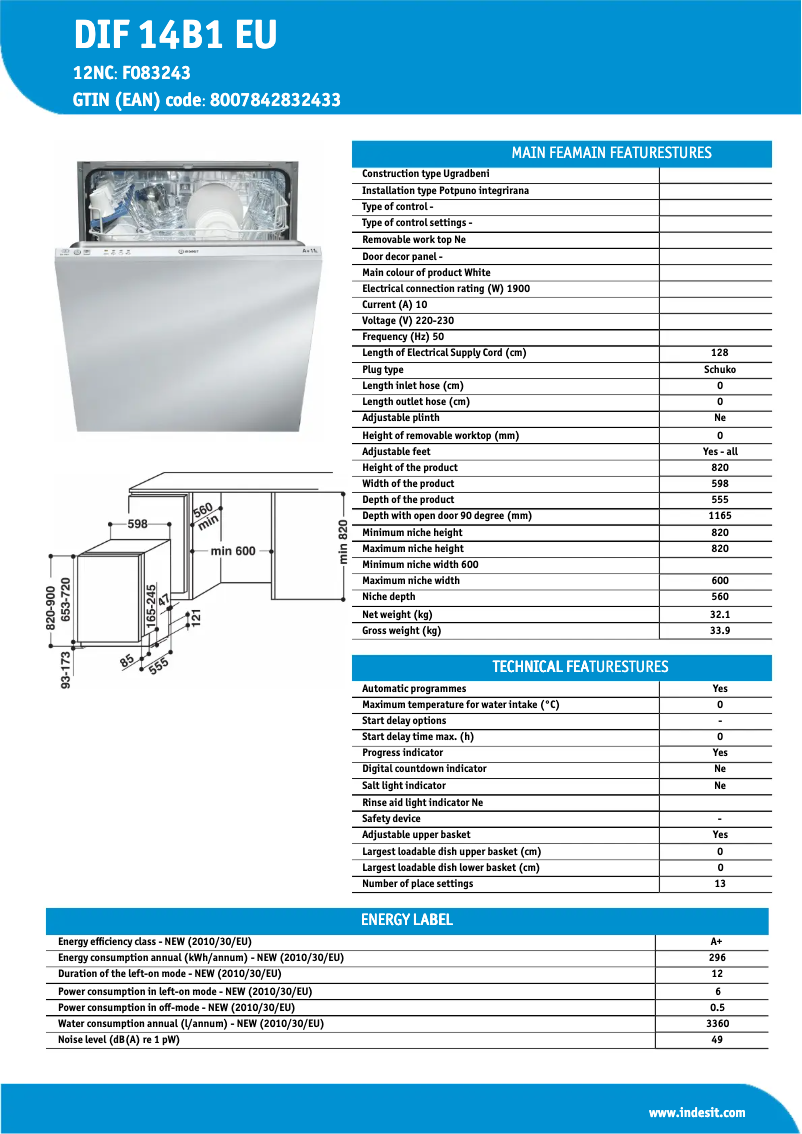 Page 1 de la notice Fiche technique Indesit DIF 14B1 EU