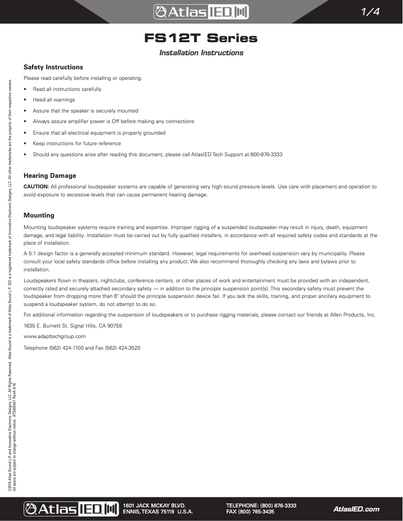 Page 1 de la notice Manuel utilisateur Atlas FS12T-94