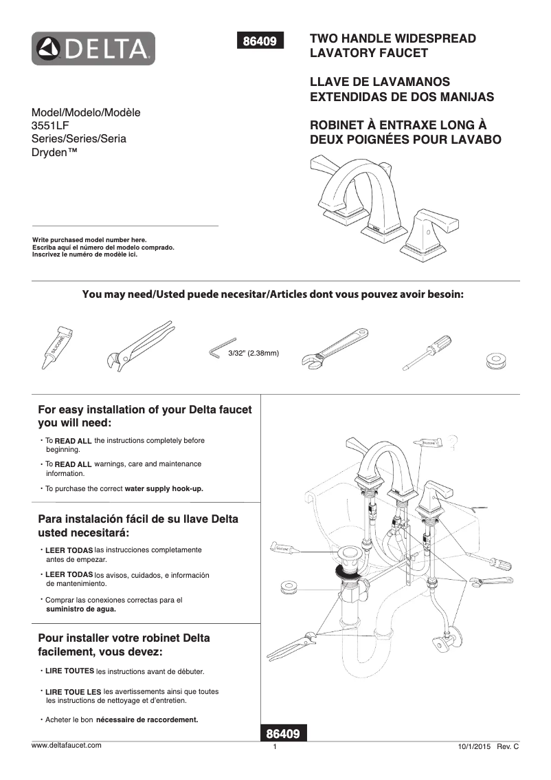 Page 1 de la notice Fiche technique Delta 3551LF