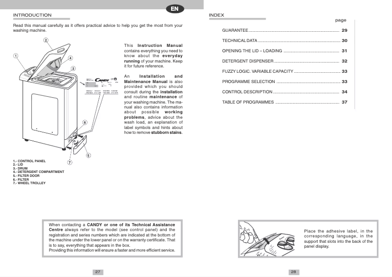 Page 1 de la notice Manuel utilisateur Candy LB CTL85TVES