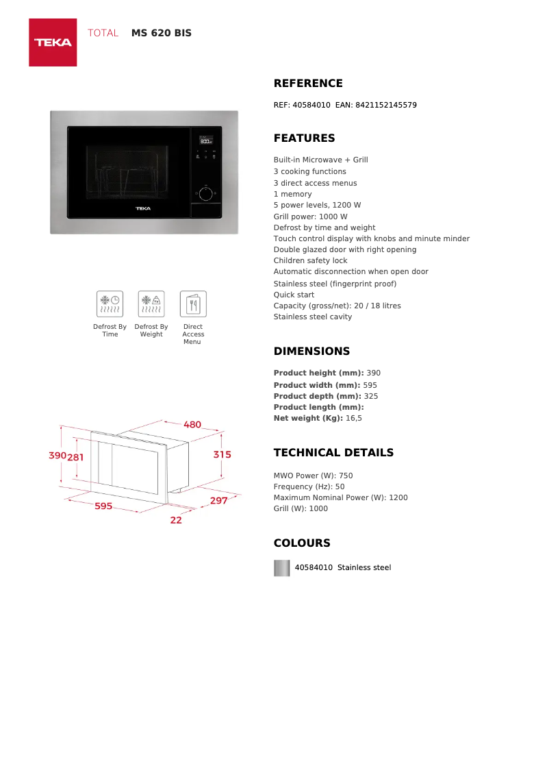 Page 1 de la notice Fiche technique Teka MS 620 BIS