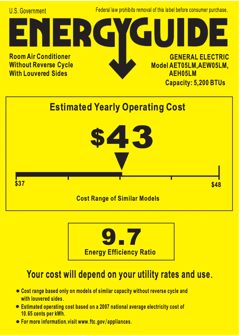 Page 1 de la notice Label énergétique GE AEW05LM