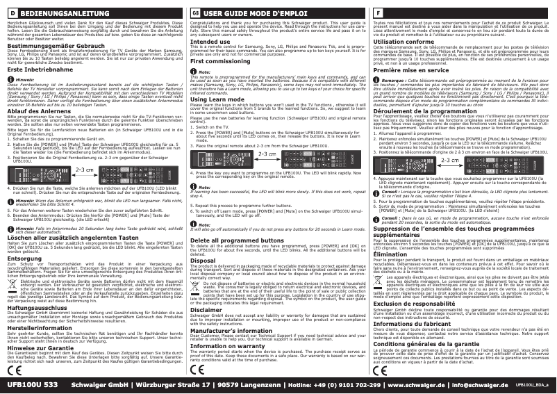 Page n°1 - Manuel utilisateur Schwaiger UFB100U 533