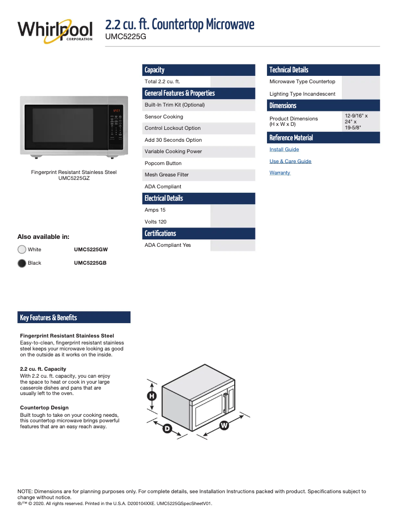 Page 1 de la notice Fiche technique Amana UMC5225GZ