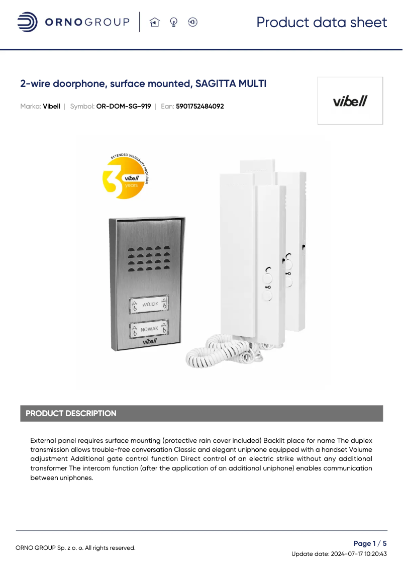Page n°1 - Fiche technique ORNO OR-DOM-SG-919