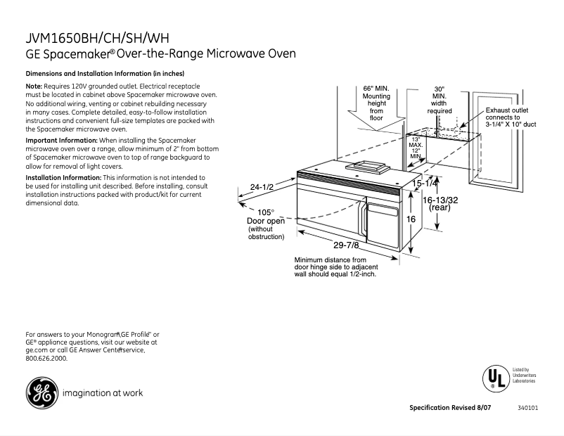 Page 1 de la notice Fiche technique GE Spacemaker JVM1650CH