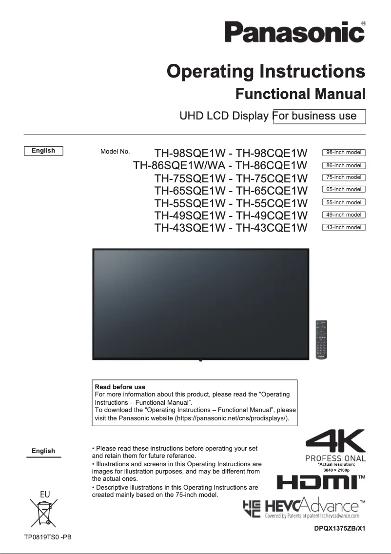 Imagen de la primera página del manual del dispositivo TH-86SQE1WA