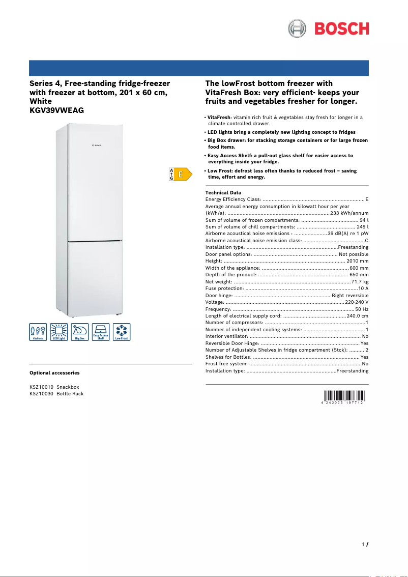 Page 1 de la notice Fiche technique Bosch KGV39VWEAG