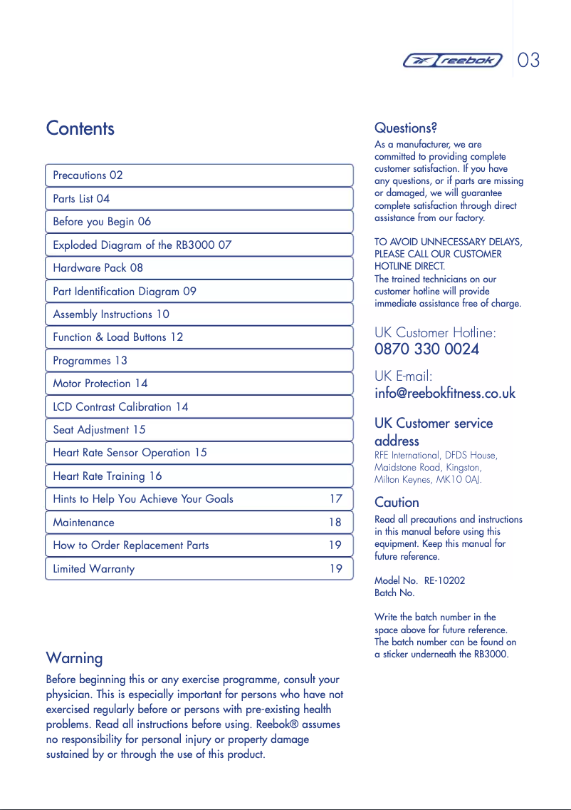 Page n°1 - Manuel utilisateur Reebok RB3000
