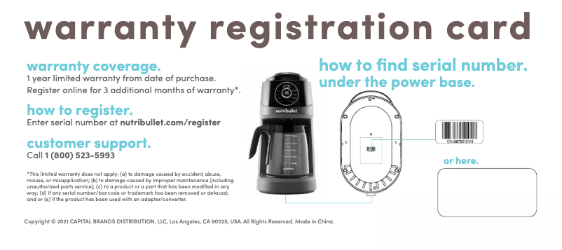 Page n°1 - Informations de garantie NutriBullet Brew Choice