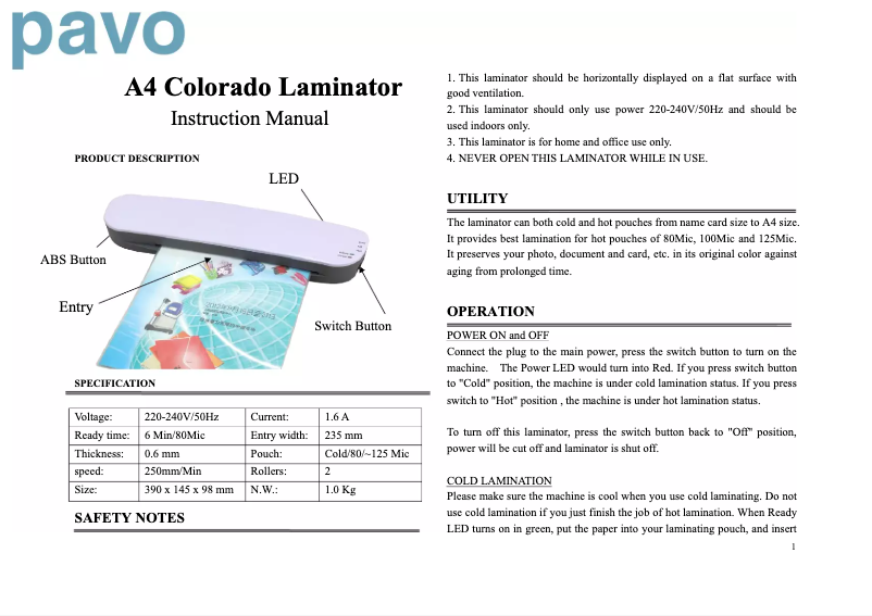 Page n°1 - Manuel utilisateur Pavo Colorado