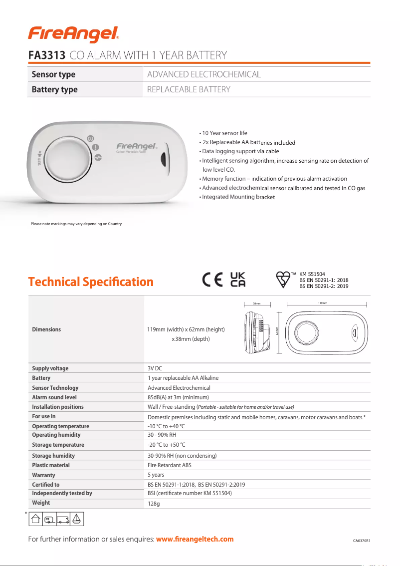 Page 1 de la notice Fiche technique FireAngel FA3313
