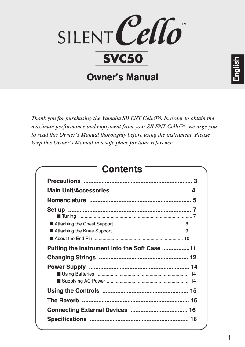Page 1 de la notice Manuel utilisateur Yamaha Silent Cello SVC50