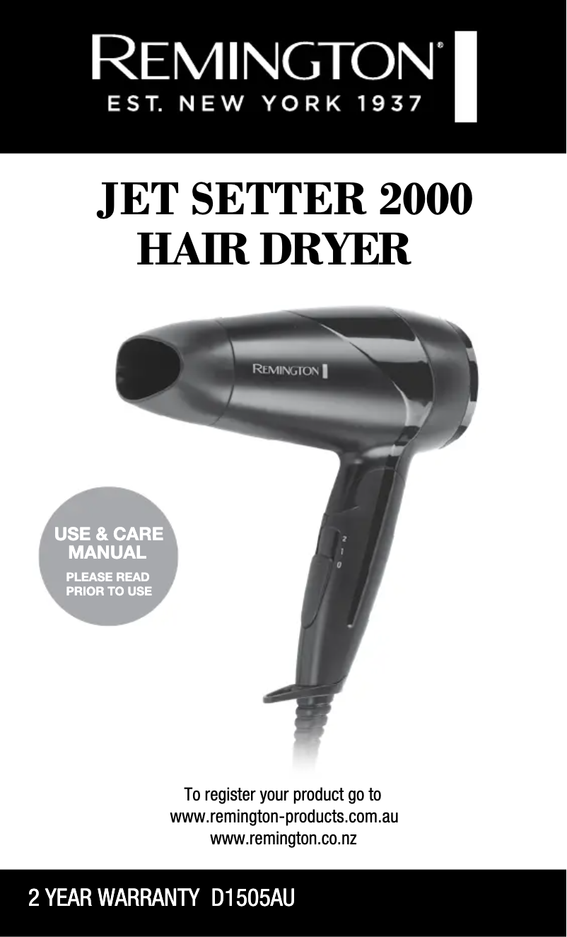 Page n°1 - Manuel utilisateur Remington Jet Setter 2000 D1505AU