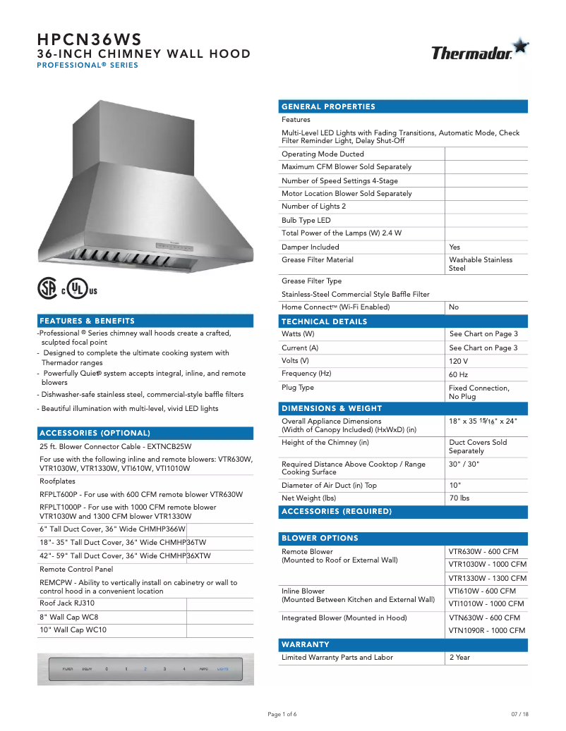 Page 1 de la notice Fiche technique Thermador HPCN36WS