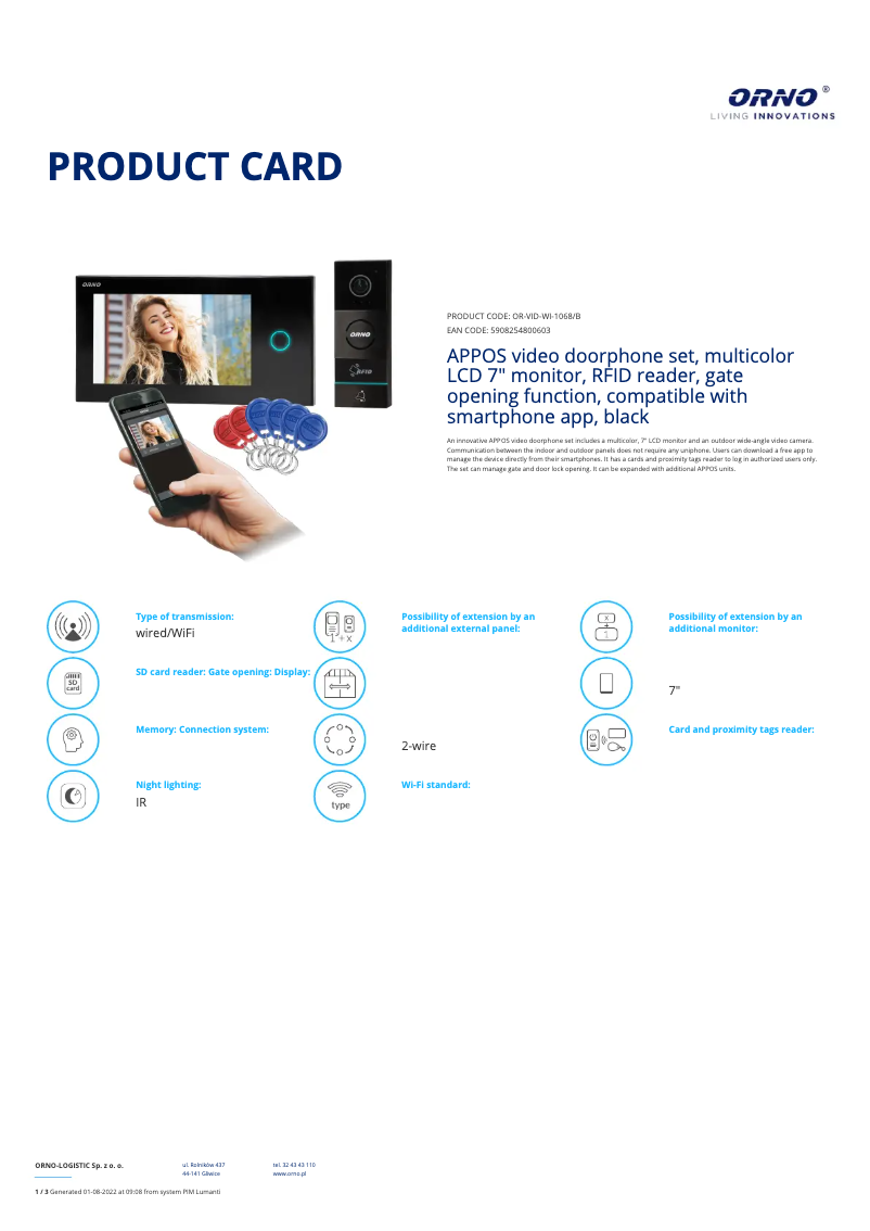 Página 1 del manual Ficha técnica ORNO OR-VID-WI-1068