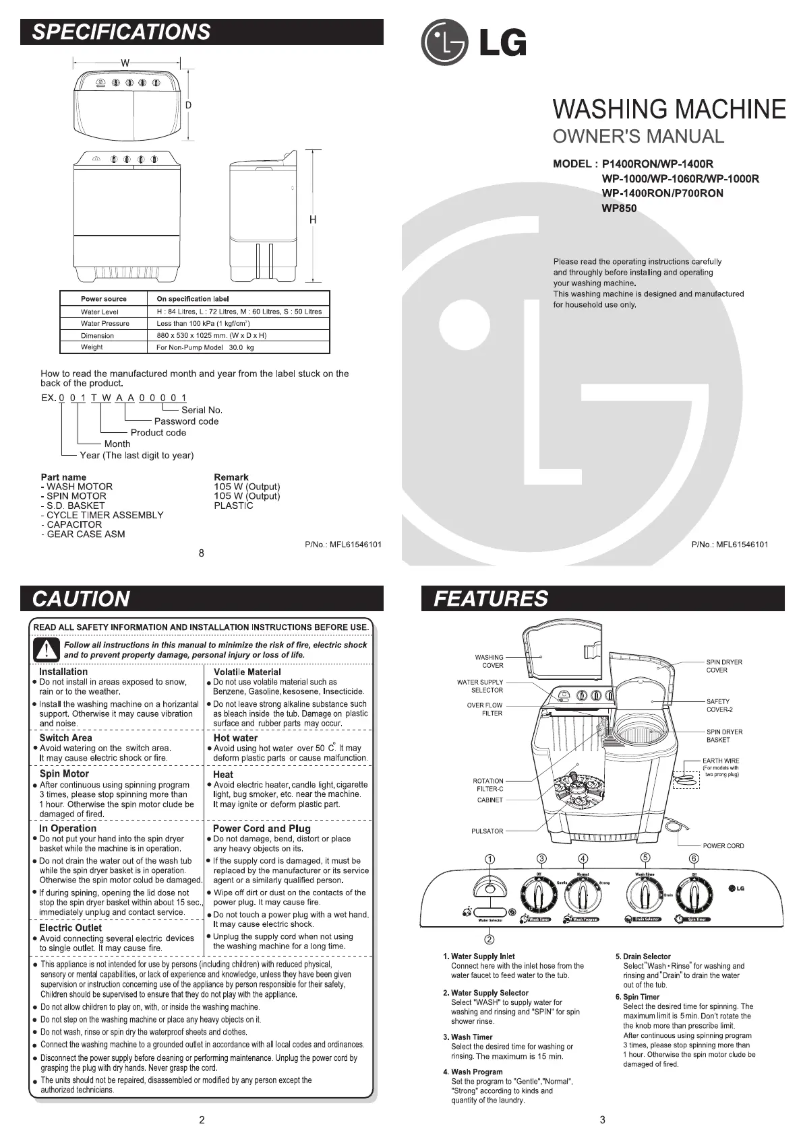 Page 1 de la notice Manuel utilisateur LG WP-1400R