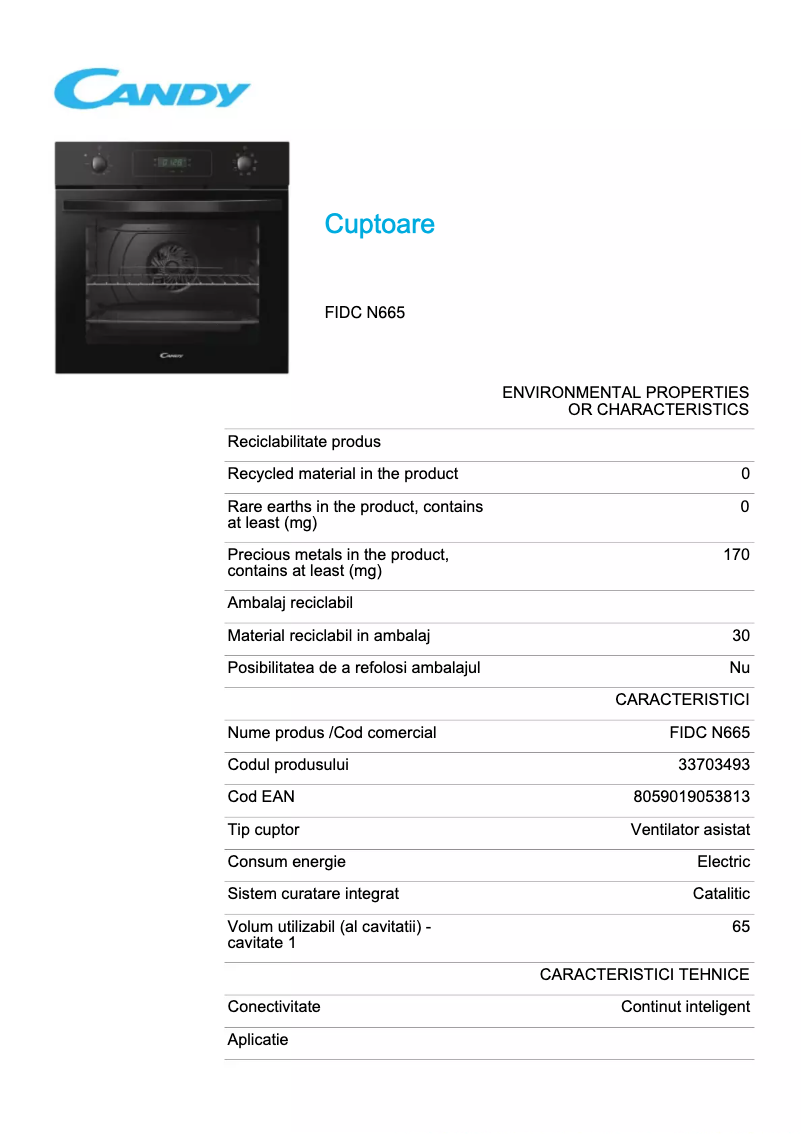 Page 1 de la notice Fiche technique Candy FIDC N665