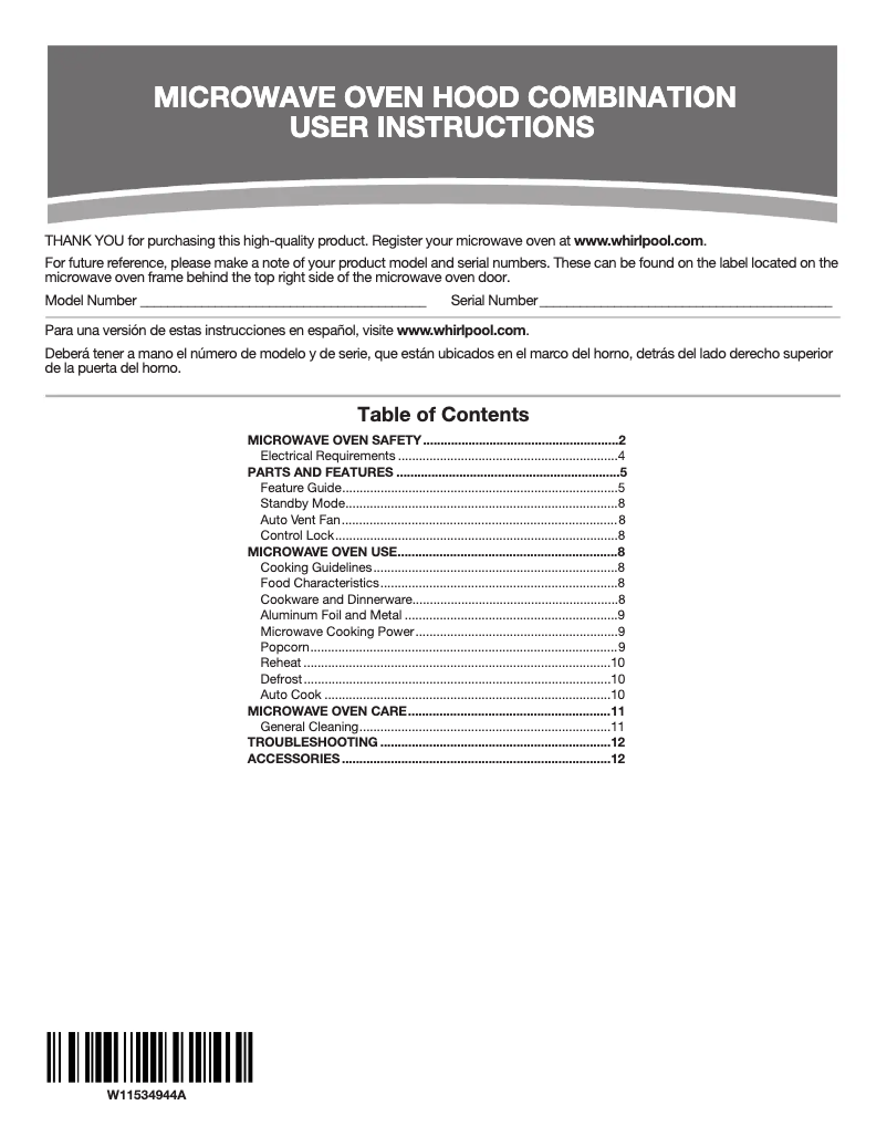 Page n°1 - Manuel utilisateur Amana UMV1170LB