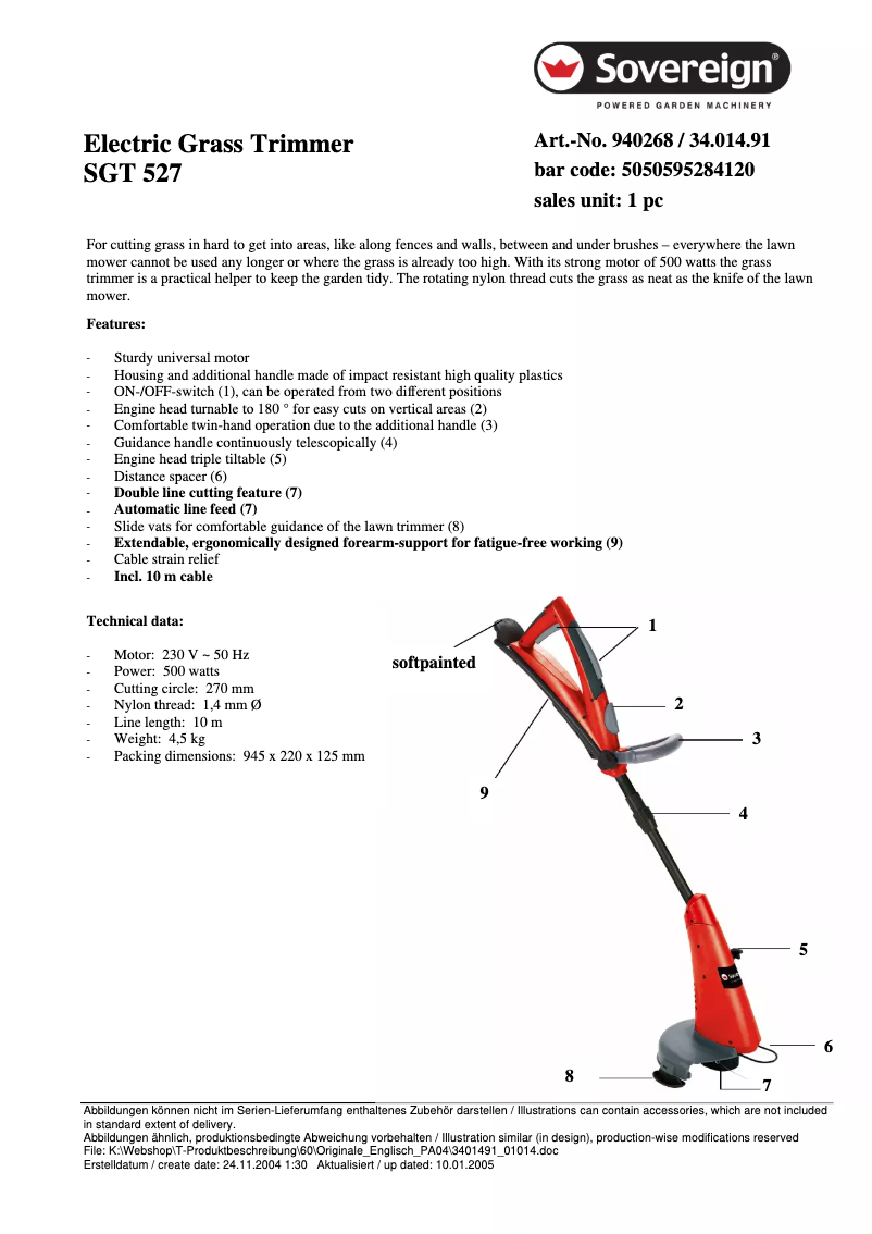 Page 1 de la notice Fiche technique Sovereign SGT 527