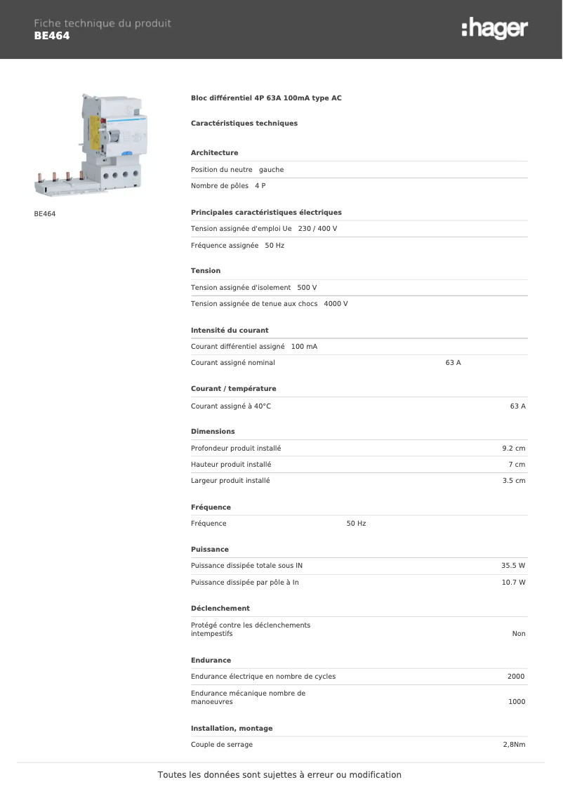 Page 1 de la notice Fiche technique Hager BE464