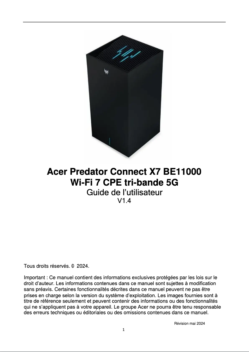 Page 1 de la notice Manuel utilisateur Acer Predator Connect X7