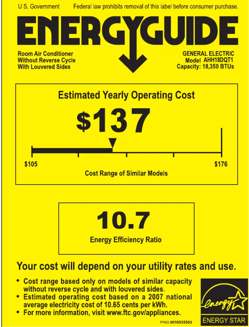Página 1 del manual Etiqueta energética GE AHH18DQ