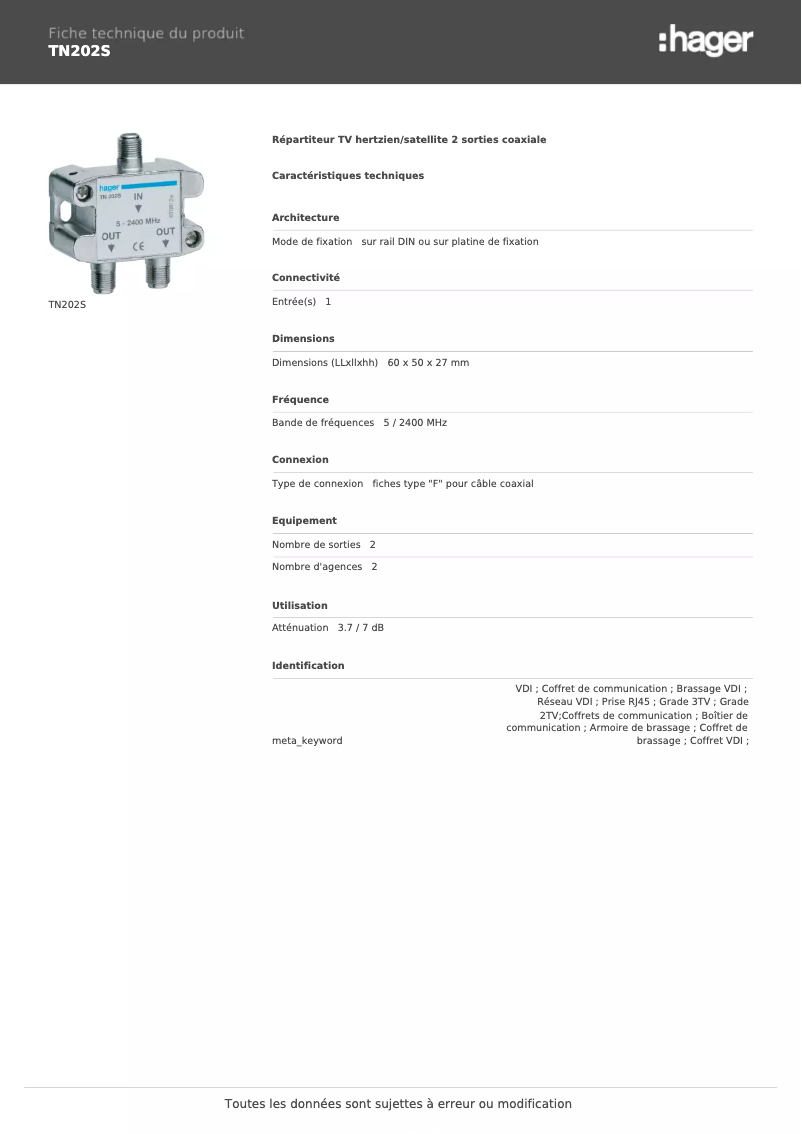 Page 1 de la notice Fiche technique Hager TN202S