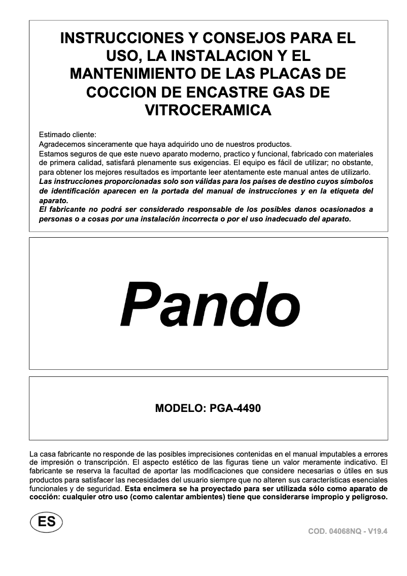 Page 1 de la notice Manuel utilisateur Pando PGA-4490