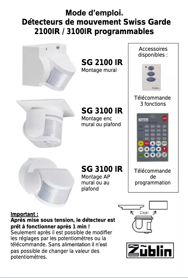 Page 1 de la notice Manuel utilisateur Züblin Swiss Garde SG 3100 IR