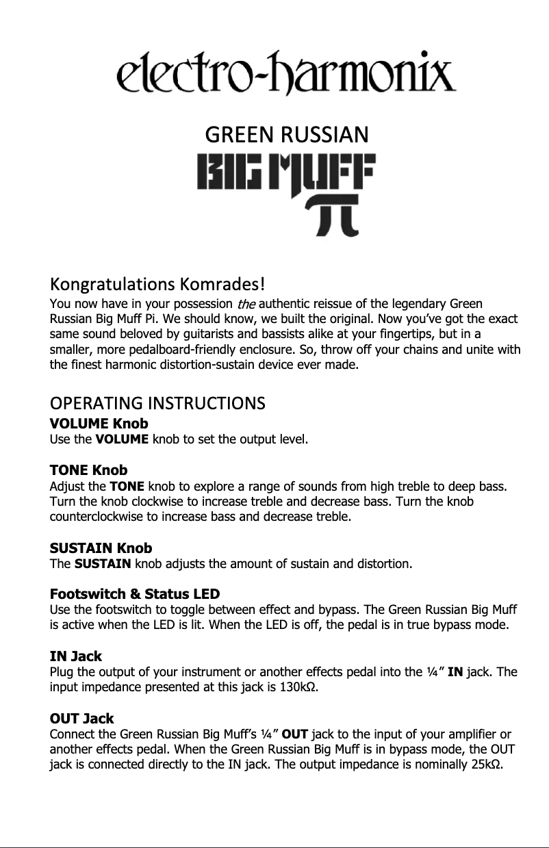 Image de la première page du manuel de l'appareil Green Russian Big Muff