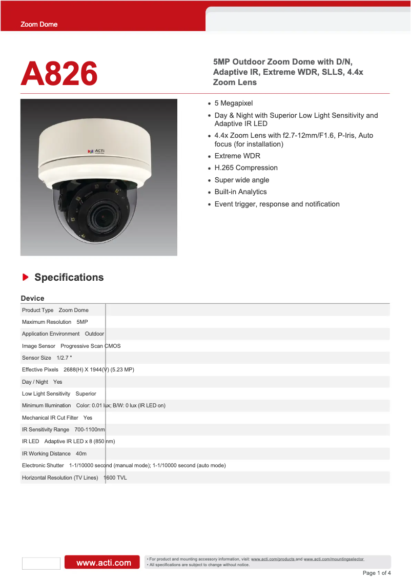 Página 1 del manual Ficha técnica ACTi A826