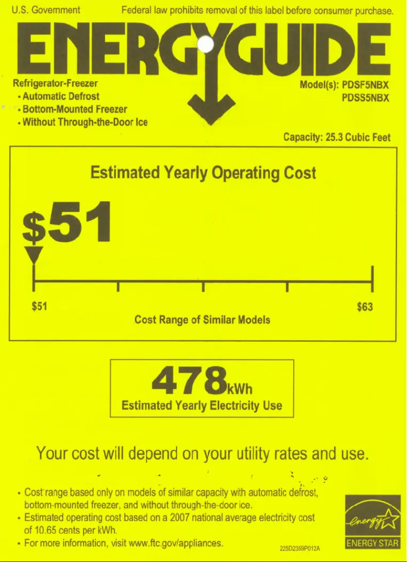 Page 1 de la notice Label énergétique GE Profile PDSS5NBXLSS