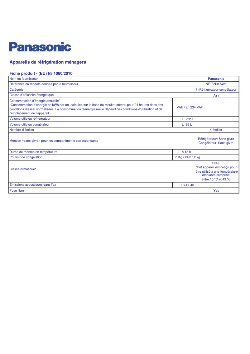 Page 1 de la notice Fiche technique Panasonic NR-BN31AW1