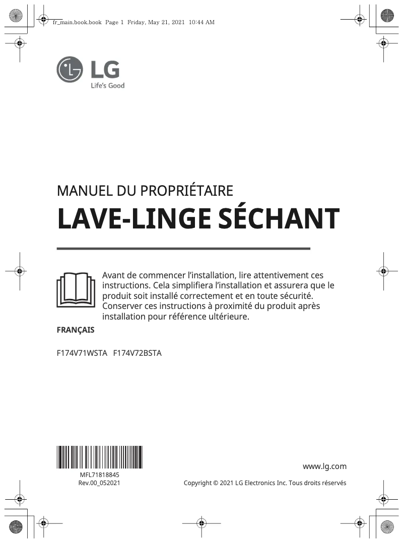 Page 1 de la notice Manuel utilisateur LG F174V72BSTA