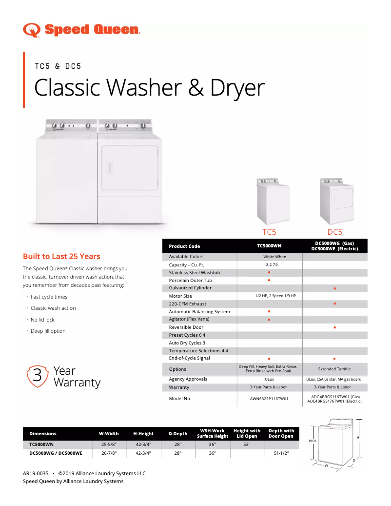 Page n°1 - Fiche technique Speed Queen ADE3SRGS175TW01
