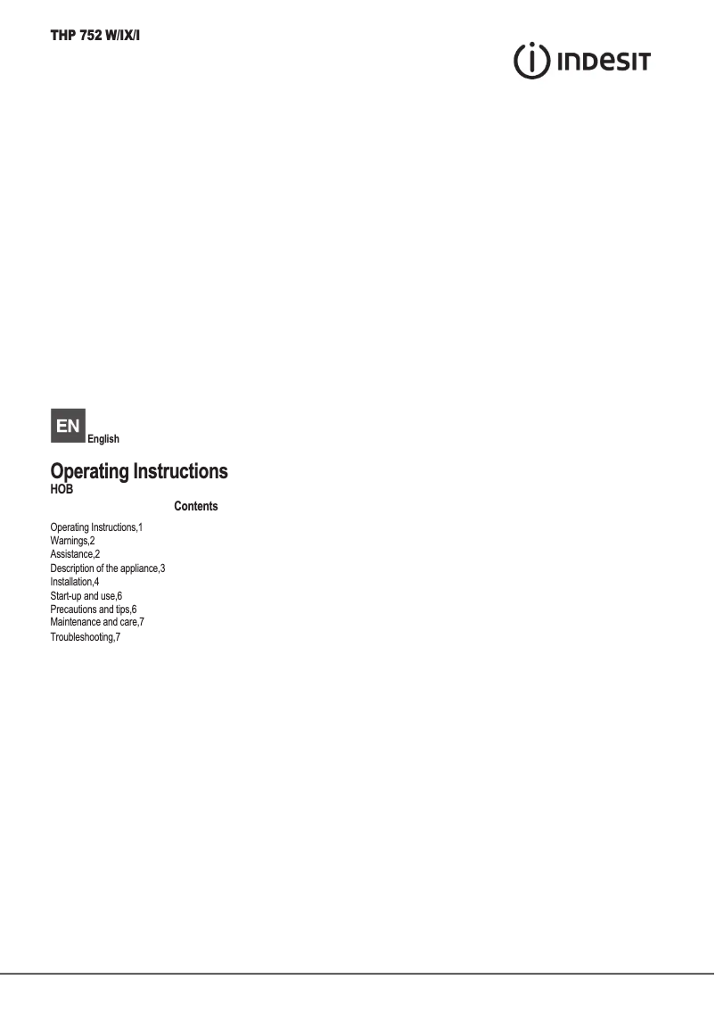 Page 1 de la notice Manuel utilisateur Indesit THP 752 W/IX/I