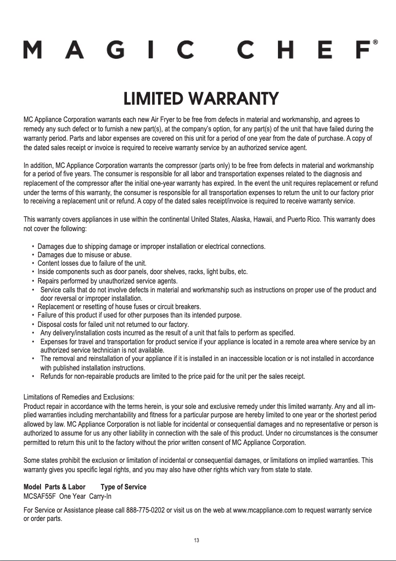 Page 1 de la notice Informations de garantie Magic Chef MCSAF55F
