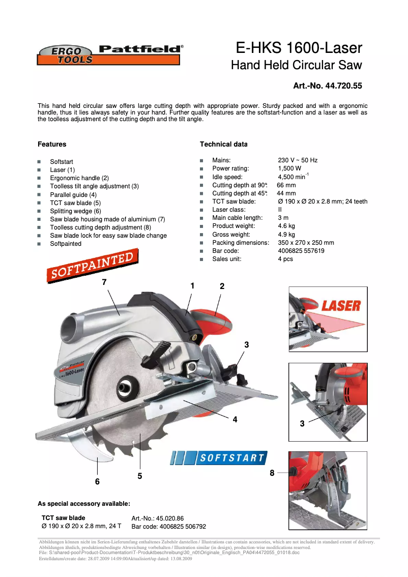 Page 1 de la notice Manuel utilisateur Ergotools Pattfield E-HKS 1600-Laser