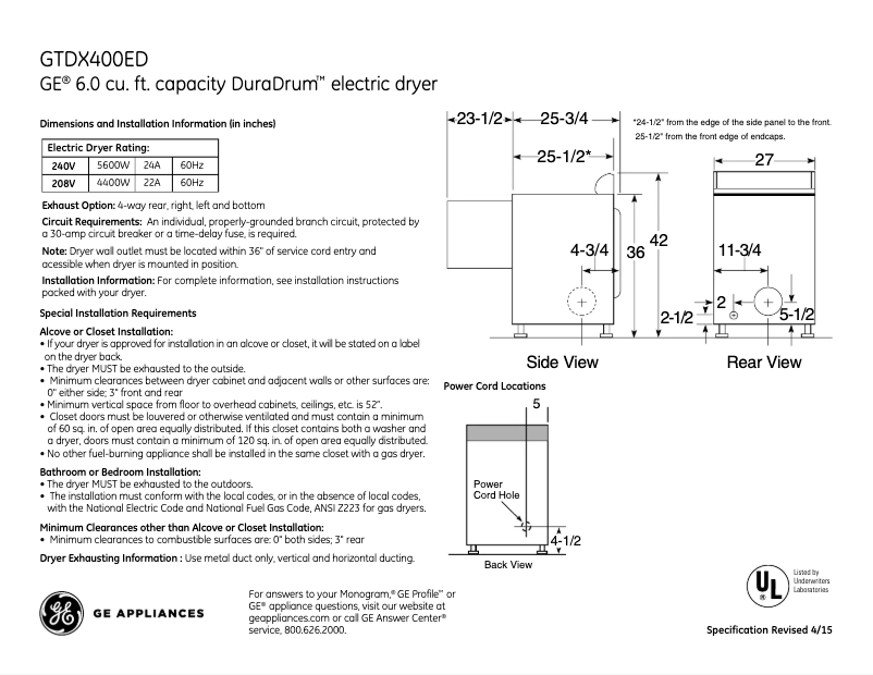 Page 1 de la notice Fiche technique GE GTDX400EDWS