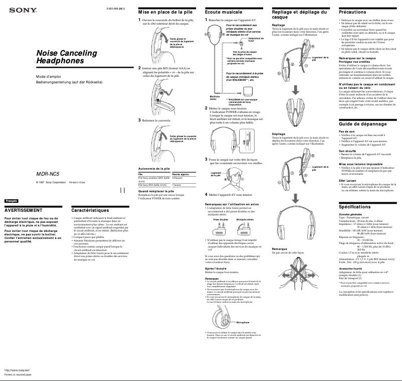 Page n°1 - Manuel utilisateur Sony MDR-NC5