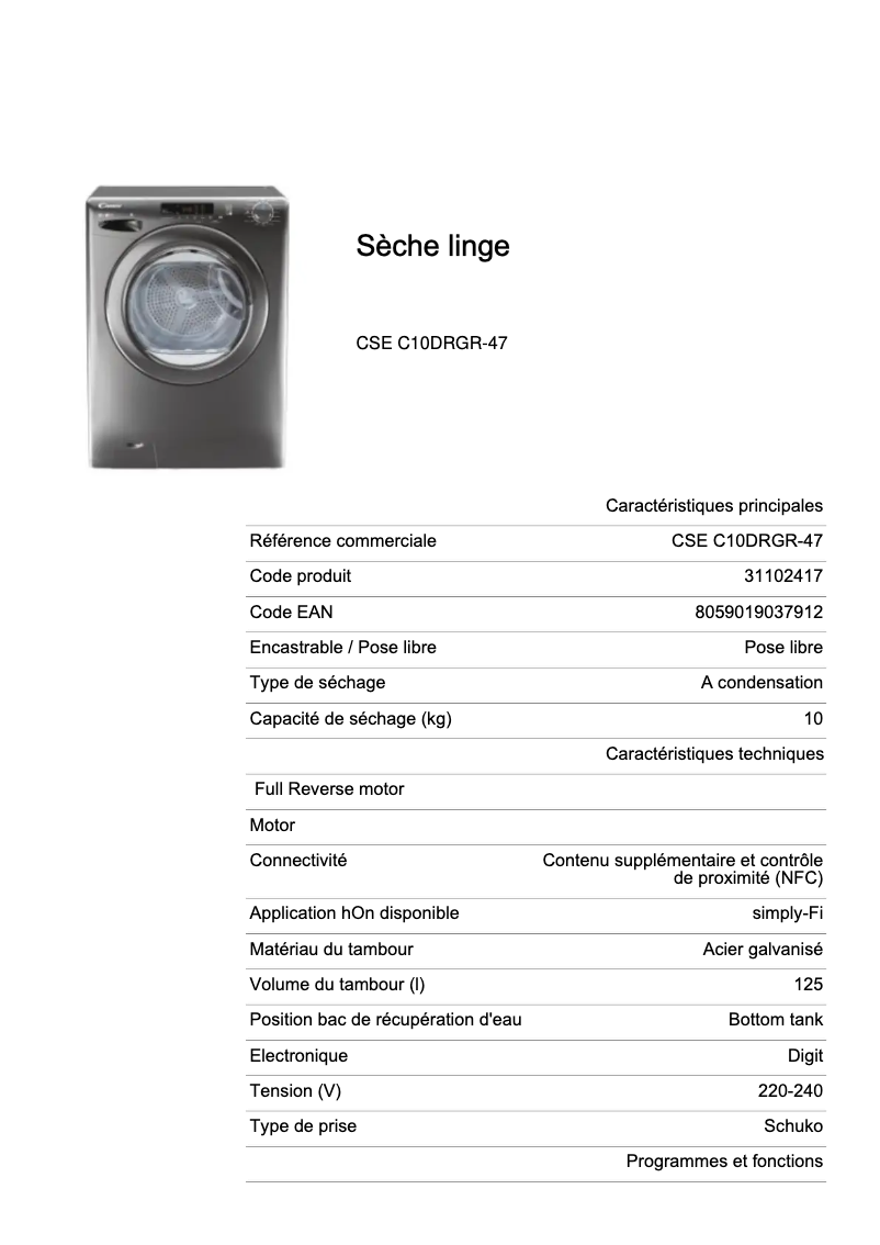 Page 1 de la notice Fiche technique Candy CSE C10DRGR-47
