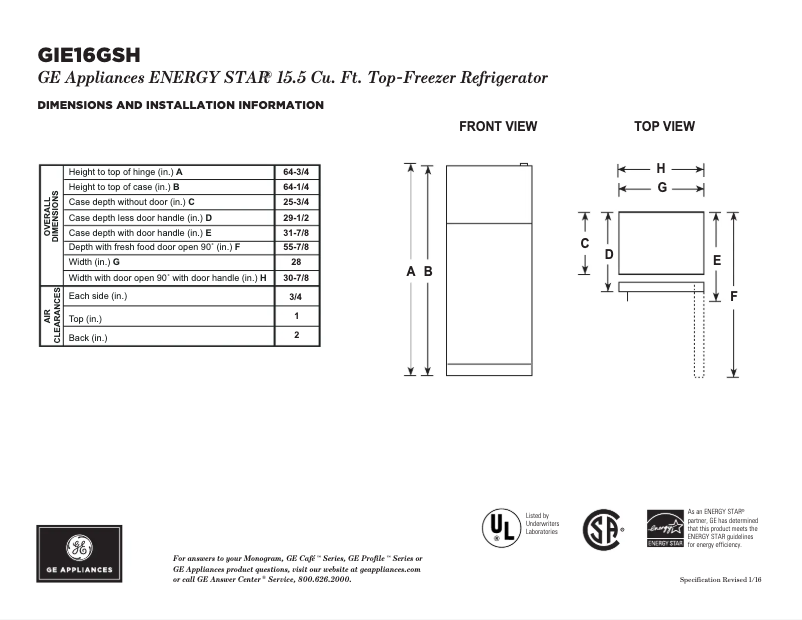 Page 1 de la notice Fiche technique GE GIE16GSHSS