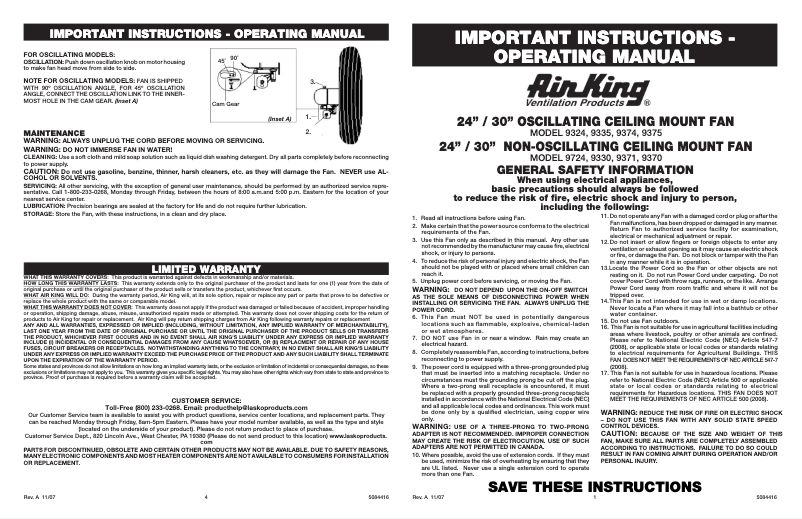 Page 1 de la notice Manuel utilisateur Air King 9325