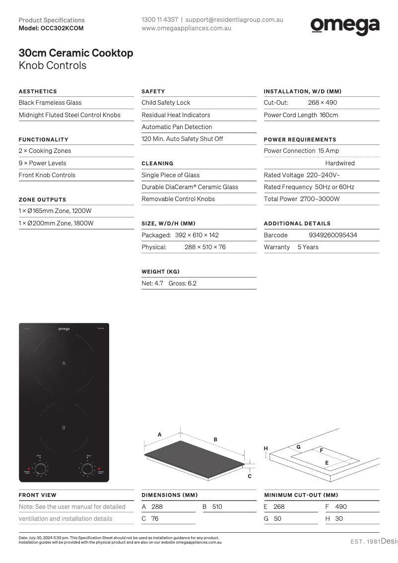 Page n°1 - Fiche technique Omega OCC302KCOM