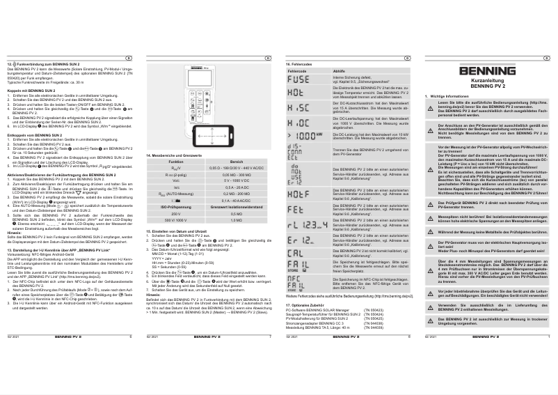 Page n°1 - Manuel utilisateur BENNING PV 2