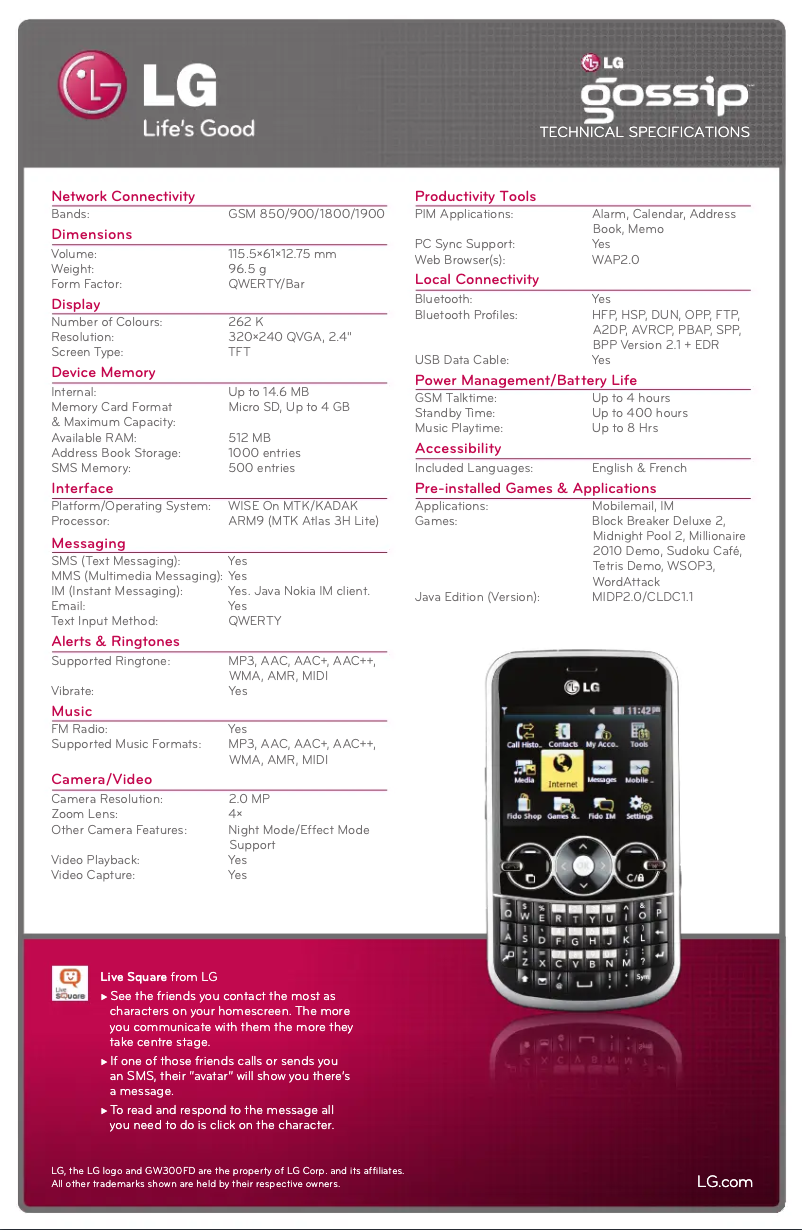 Page n°1 - Fiche technique LG GW300FD