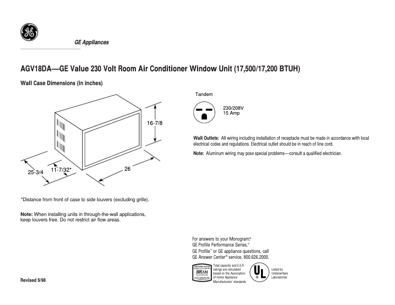 Page n°1 - Fiche technique GE AGV18DA