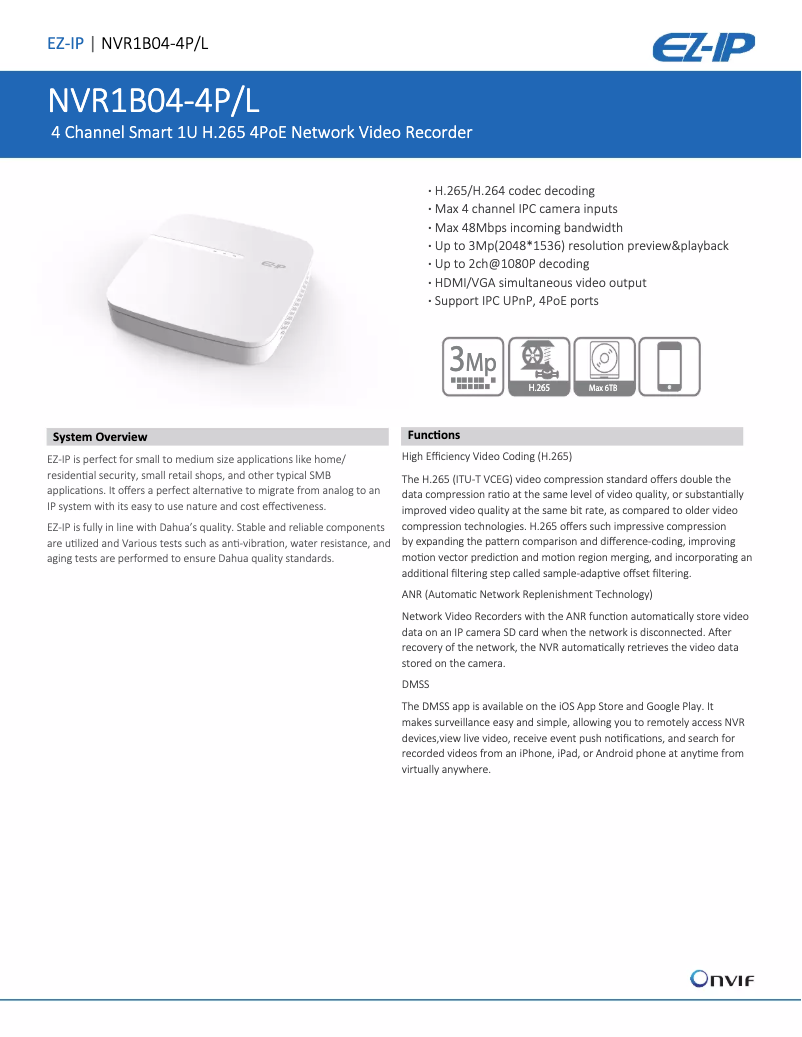 Page 1 de la notice Fiche technique Dahua Technology Lite NVR1B04-4P